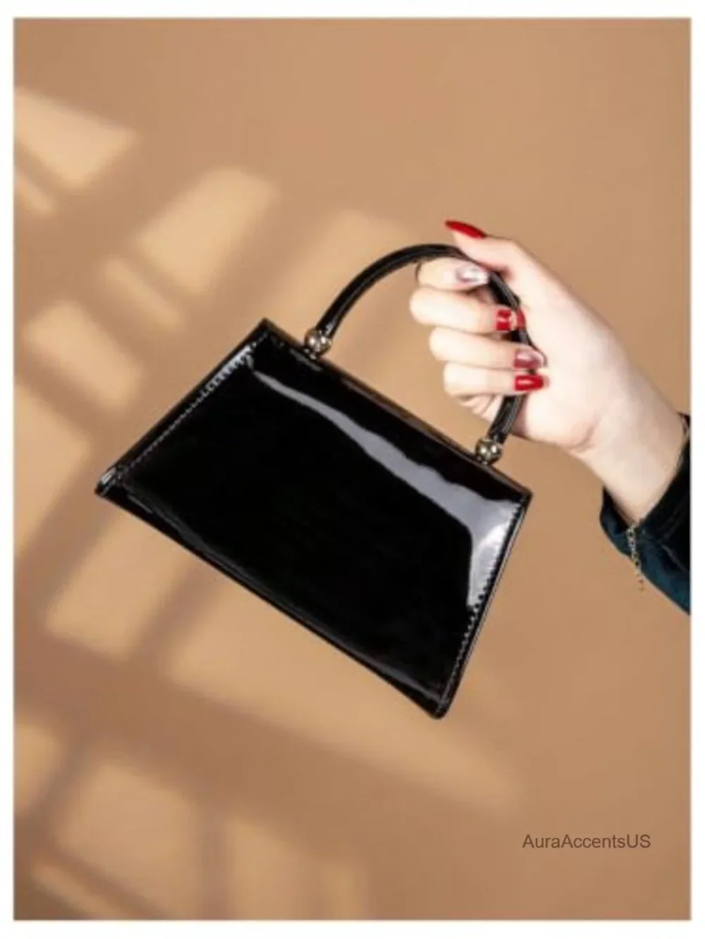 Patent Leather Top Handle Mini Clutch Purse with Detachable Chain Strap -
